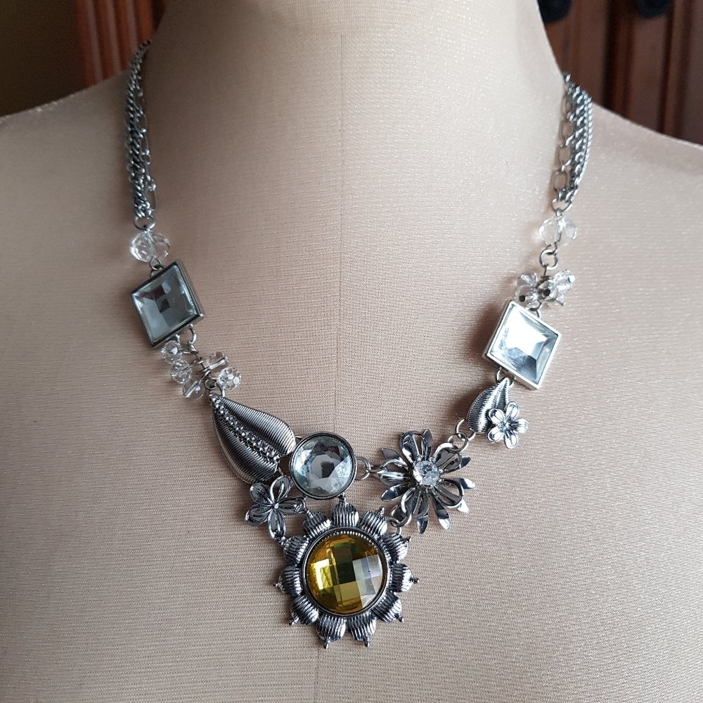 Floral Leaf Statement Necklace Multi Chain Strand 3D Flower Jewel Silver Tone